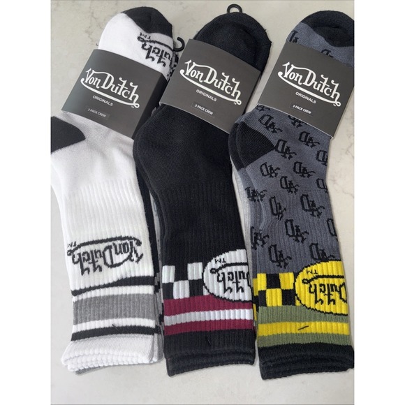 Von Dutch Other - Von Dutch Originals 9 Pairs Men's Crew Socks 3 Packs Logo Black Gray Green New